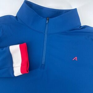 Redvanly Quarter Zip Pullover Mens‎ Medium Blue Red White Striped Cuffs Athletic